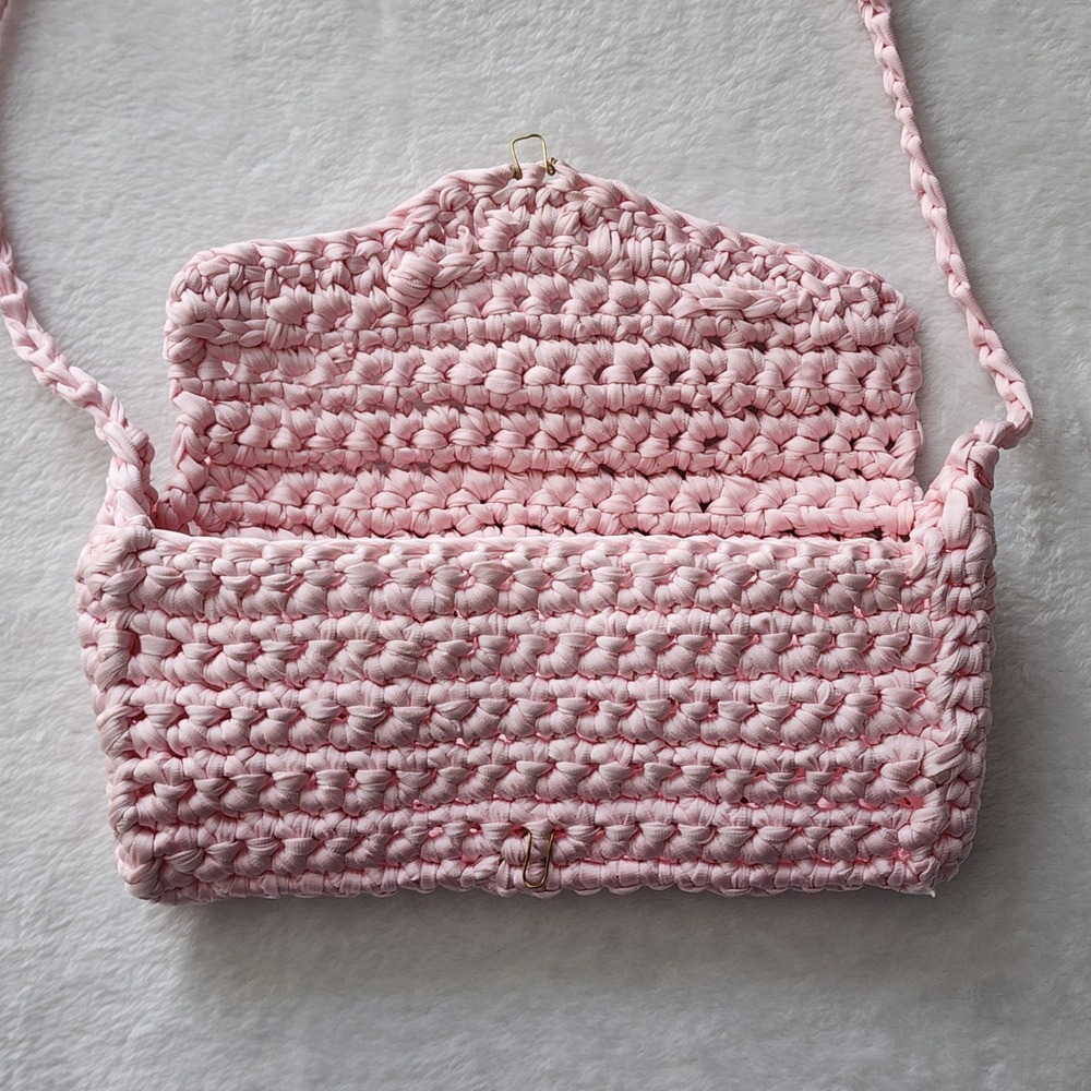 Crochet Shoulder Bag Pink Handcrafted Knit Envelope Crossbody Boho Coquette 80s - Picture 8 of 14